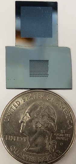 Optical image of two microarray chips beside a quarter. The first chip (top) is an array of 900 microwells of 300-Î¼m well size. The second chip (bottom) includes a gradient of well sizes for spheroid formation.