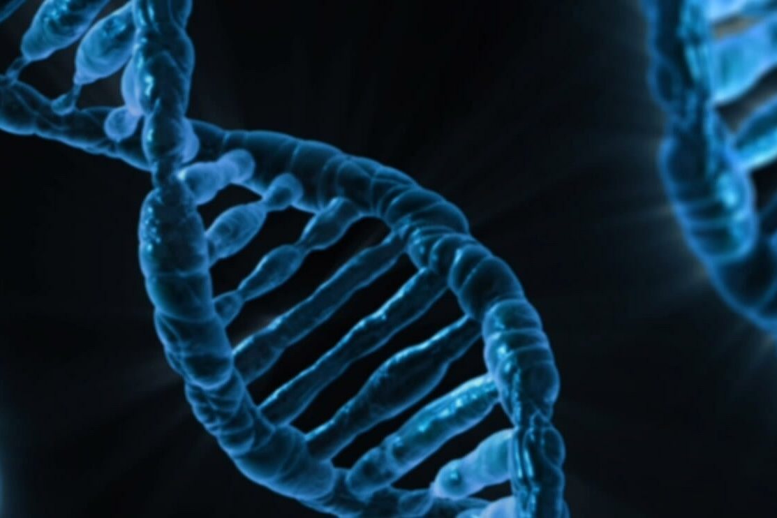 Gradient blue DNA strands on a black background