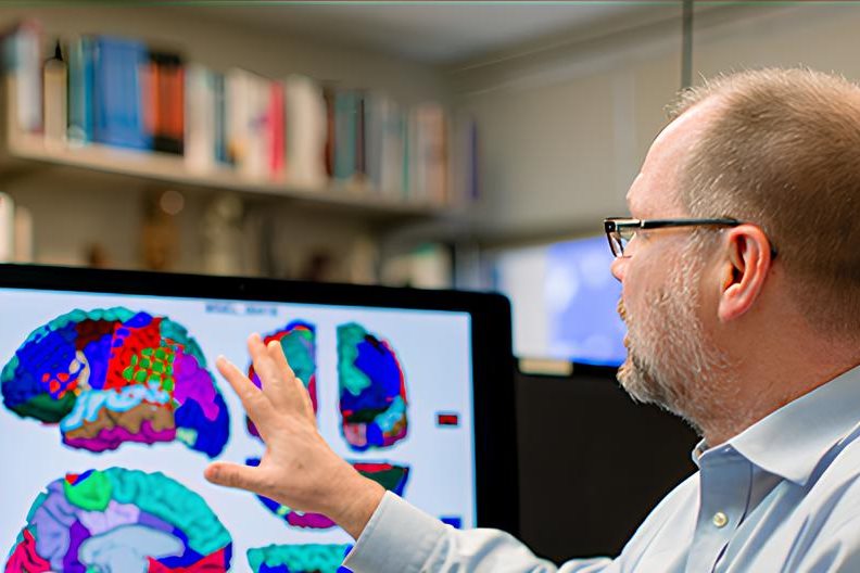Gregory A. Worrell, M.D., Ph.D. in his lab gesturing to computer screen with mapped brain.