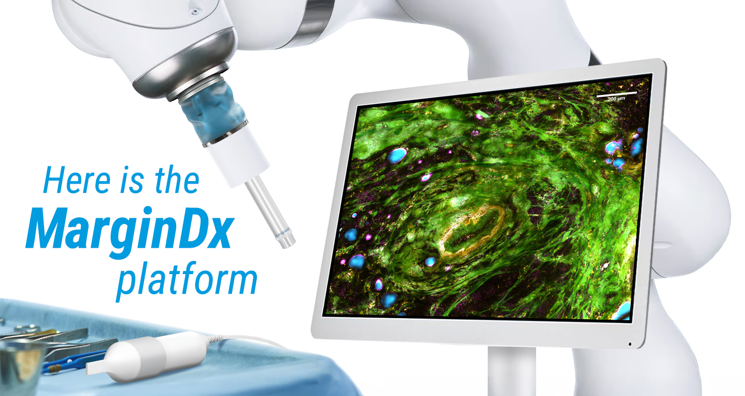 A handheld probe mounted to a surgical robotic arm with monitor displaying microscopy image of breast tissue. Text: Here is the MarginDx platform