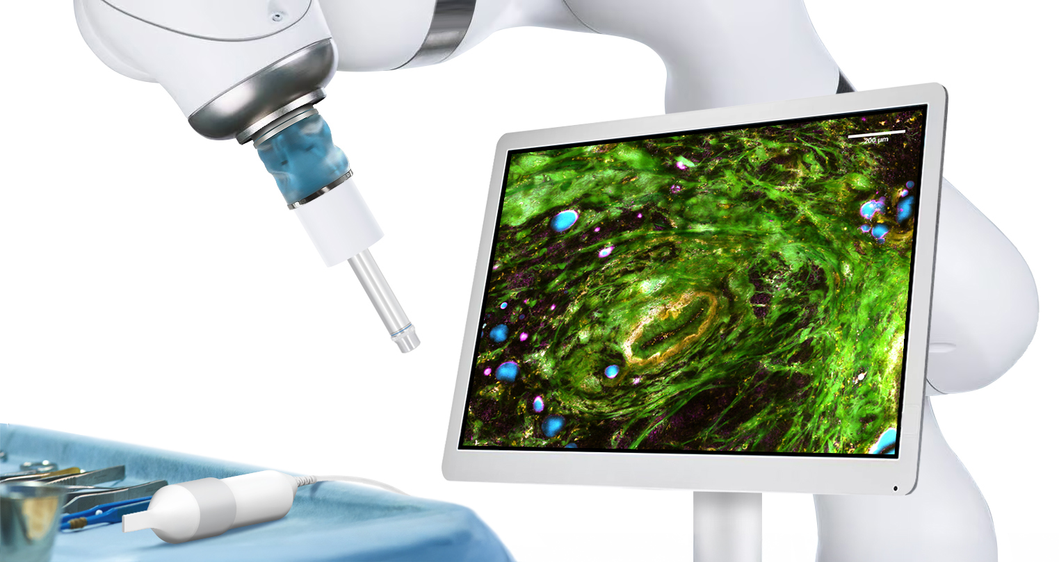 A handheld probe mounted to a surgical robotic arm with monitor displaying microscopy image of breast tissue. Text: Here is the MarginDx platform